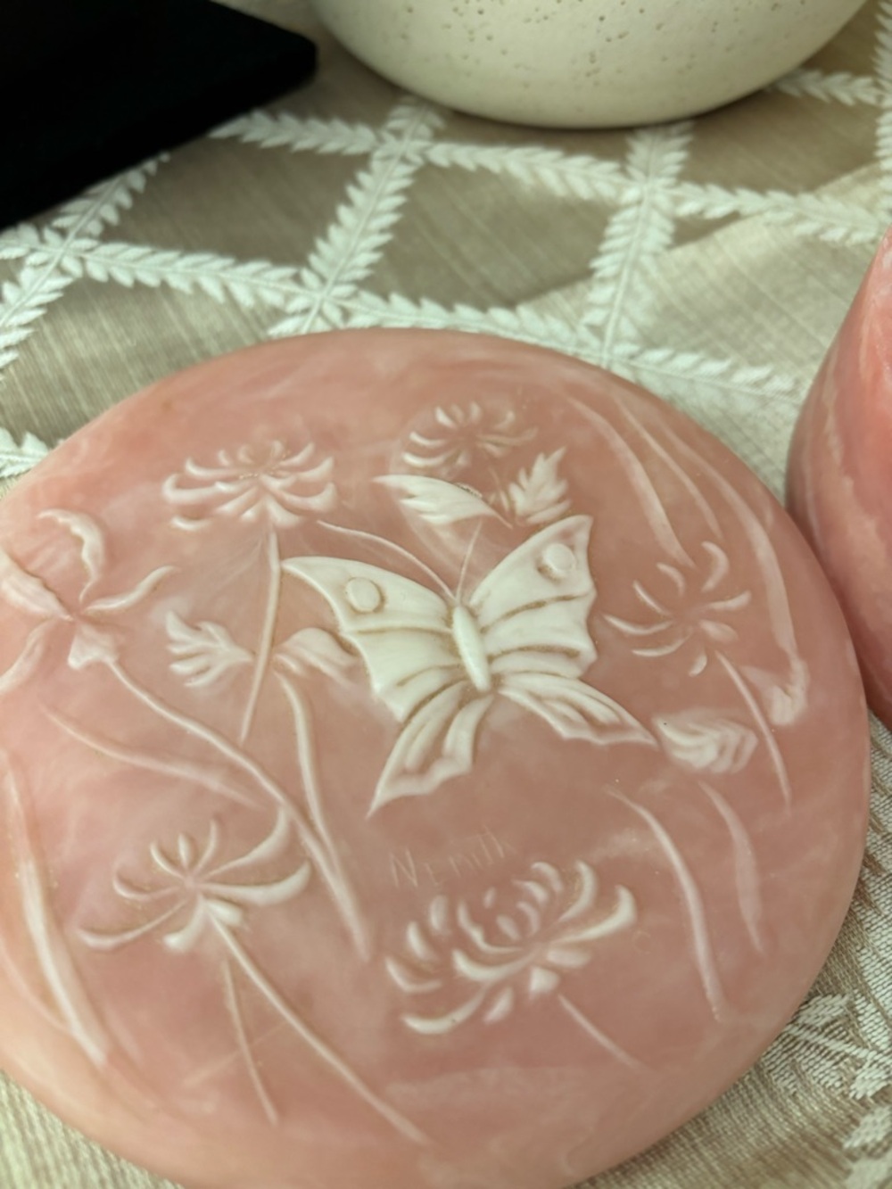 Vintage Pink Butterfly Jewelry Box Trinket Dish w/Lid Incolay Stone Round Flower - Picture 7 of 10